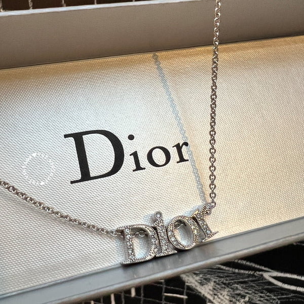 Vintage Dior Silver-Finish Metal with White Crystal Letter Necklace/ Choker