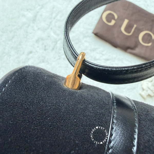 Vintage Gucci 1970's Suede & Box Leather Saddle Constance Bag - Black