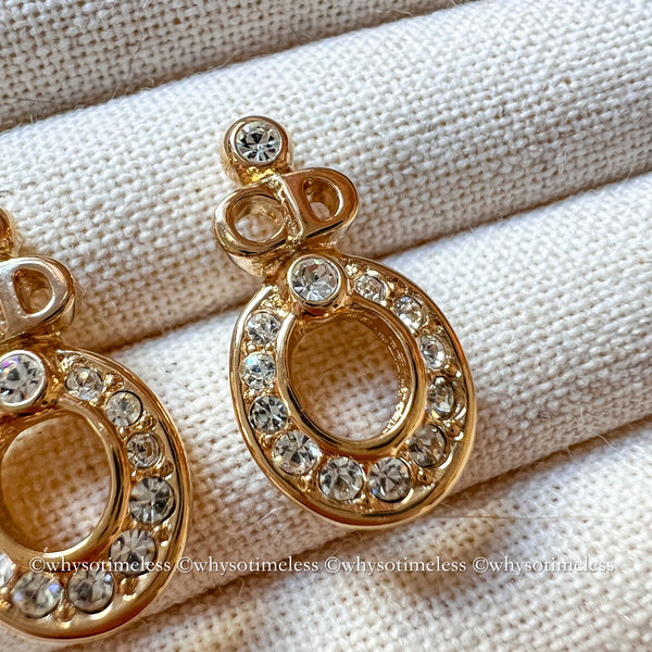 Vintage Dior Rhinestone CD Gold-Finish Metal Earrings