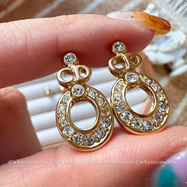 Vintage Dior Rhinestone CD Gold-Finish Metal Earrings