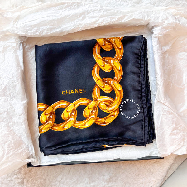Vintage Chanel Camellia Coco Mark Silk Scarf 90 - Black*Gold