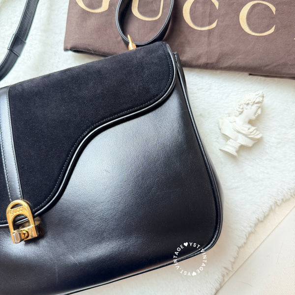 Vintage Gucci 1970's Suede & Box Leather Saddle Constance Bag - Black