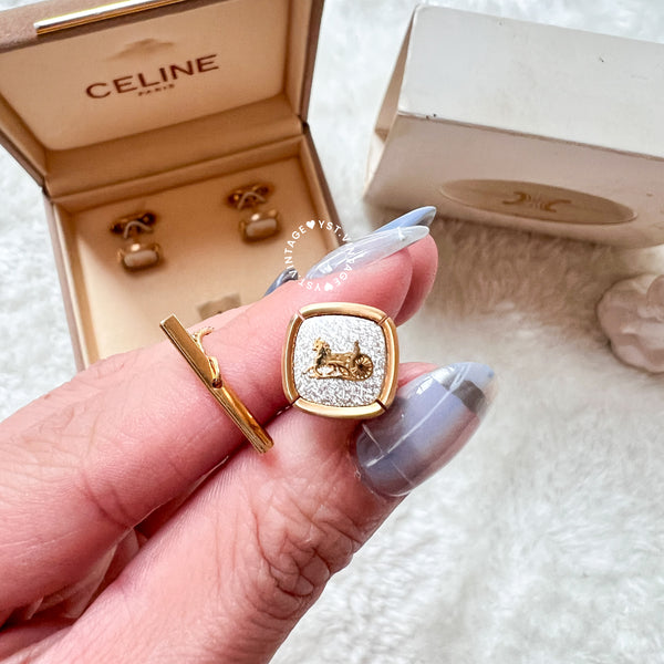 CELINE Horse Carriage Cufflinks Set with Original Box