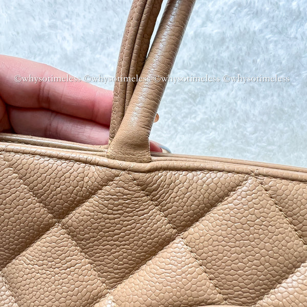 【May 1 Auction】 Vintage Chanel Caviar Medallion Hilton Tote - Dark Beige