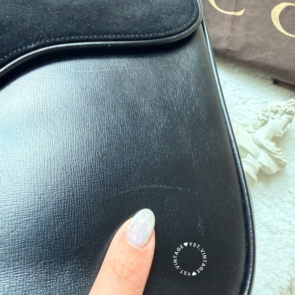 Vintage Gucci 1970's Suede & Box Leather Saddle Constance Bag - Black