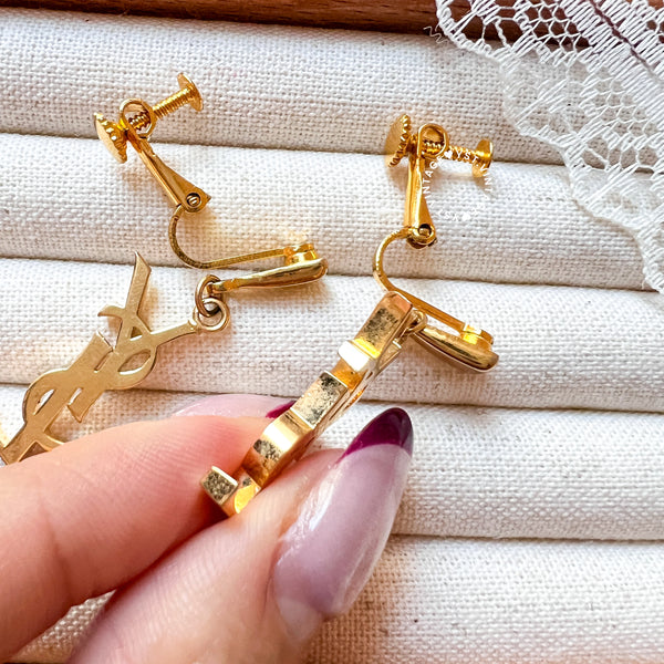 Vintage YSL Gold-Finish Metal Logo Ear Clips