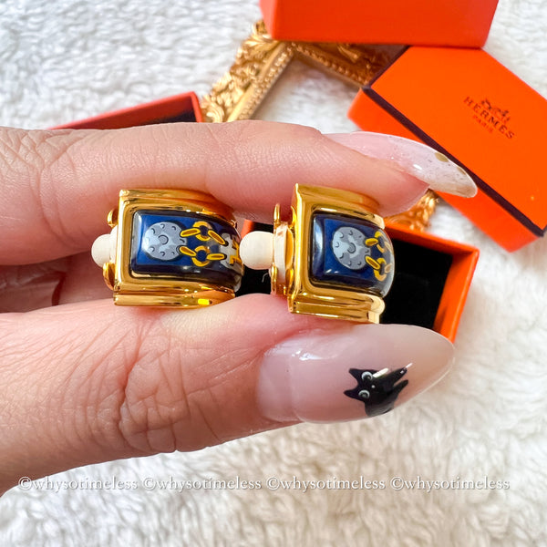 Vintage HERMÈS Émail Shippo H Pattern Ear Clips - Navy