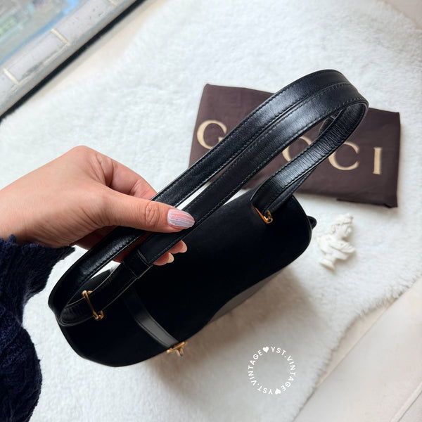 Vintage Gucci 1970's Suede & Box Leather Saddle Constance Bag - Black