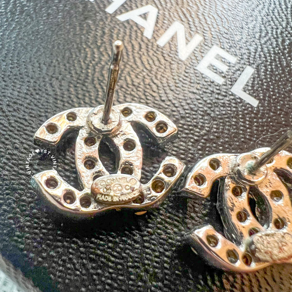 Vintage Chanel Coco Mark Rhinestone Silver-Finish Metal Earrings