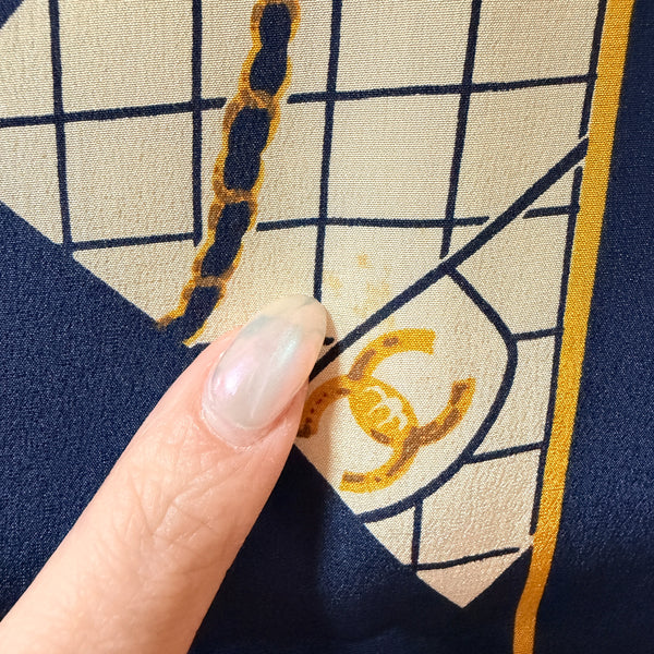 Vintage Chanel Coco & Class Flap Handbag Silk Scarf 90 - Navy