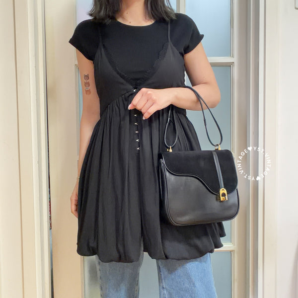 Vintage Gucci 1970's Suede & Box Leather Saddle Constance Bag - Black