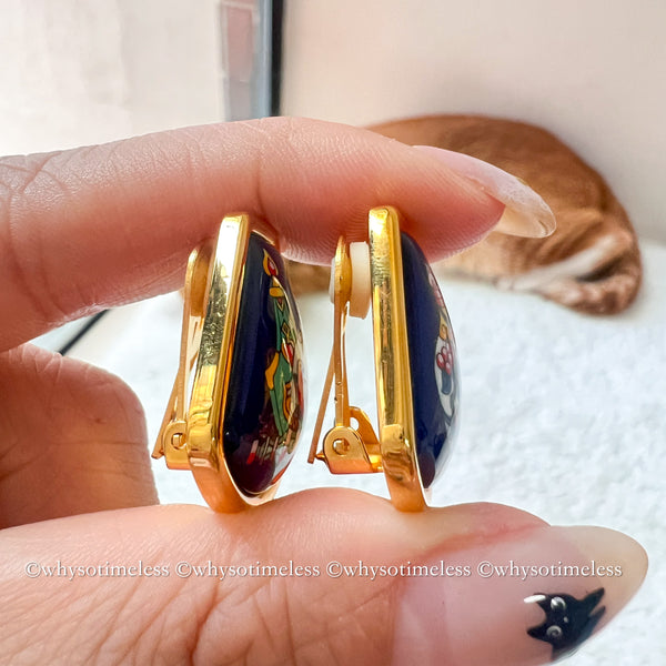 Vintage HERMÈS Émail Shippo Chinese Vase Pattern Ear Clips - Navy