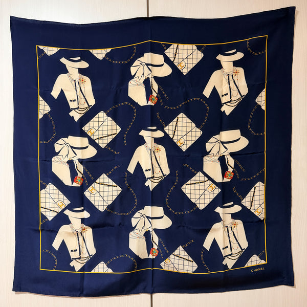 Vintage Chanel Coco & Class Flap Handbag Silk Scarf 90 - Navy