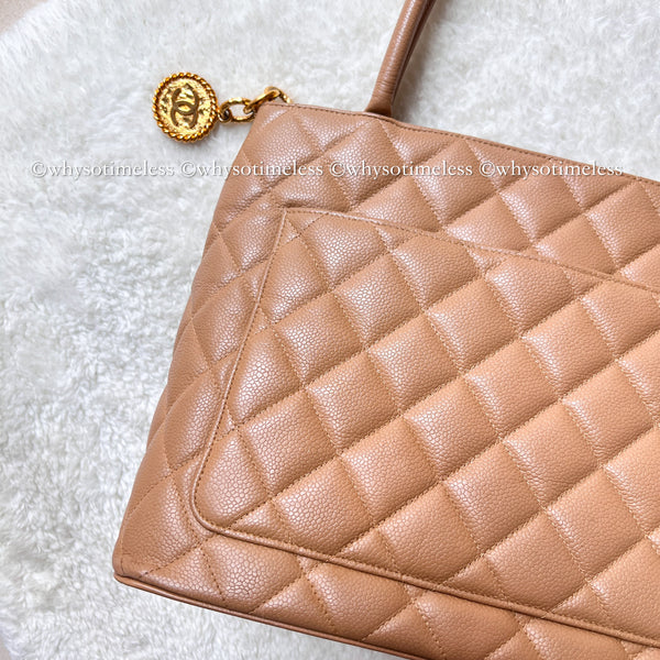 【May 1 Auction】 Vintage Chanel Caviar Medallion Hilton Tote - Dark Beige