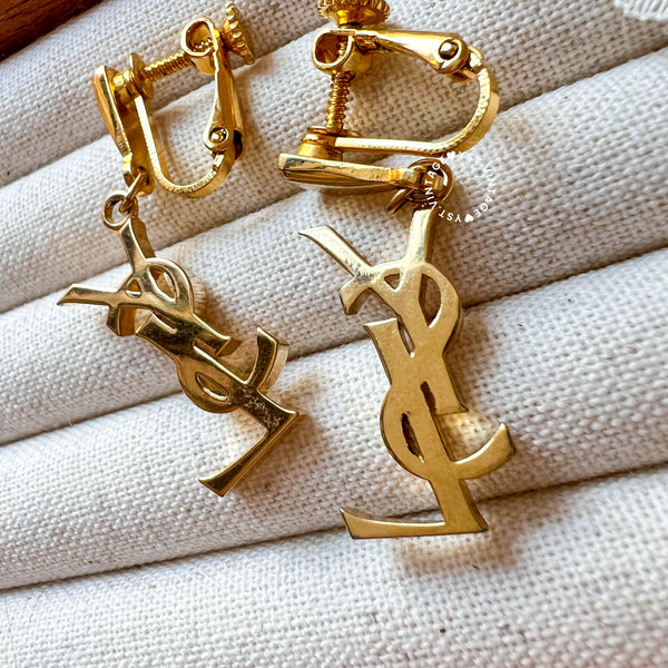 Vintage YSL Gold-Finish Metal Logo Ear Clips