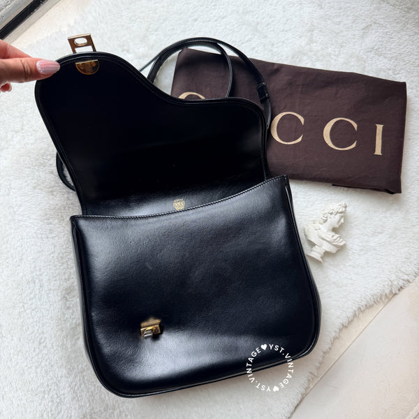 Vintage Gucci 1970's Suede & Box Leather Saddle Constance Bag - Black
