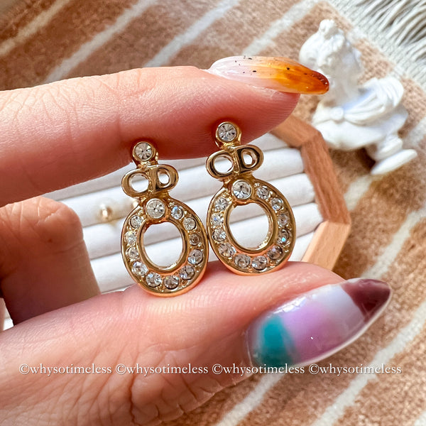 Vintage Dior Rhinestone CD Gold-Finish Metal Earrings