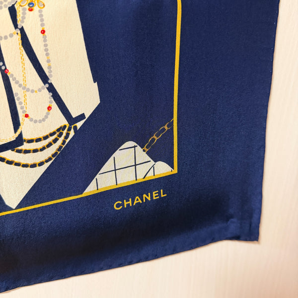 Vintage Chanel Coco & Class Flap Handbag Silk Scarf 90 - Navy
