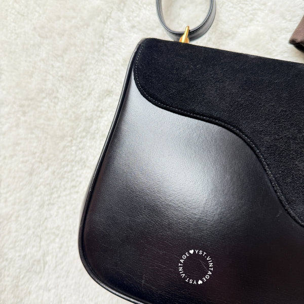 Vintage Gucci 1970's Suede & Box Leather Saddle Constance Bag - Black