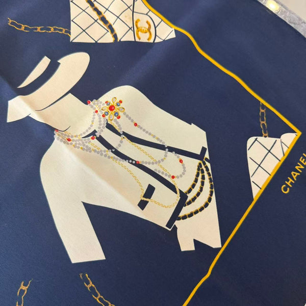 Vintage Chanel Coco & Class Flap Handbag Silk Scarf 90 - Navy