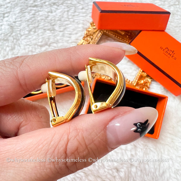 Vintage HERMÈS Émail Shippo H Pattern Ear Clips - Navy