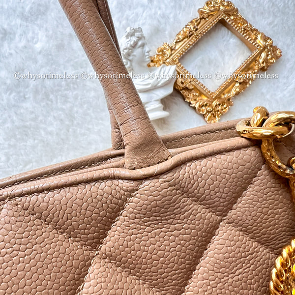 【May 1 Auction】 Vintage Chanel Caviar Medallion Hilton Tote - Dark Beige
