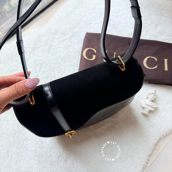Vintage Gucci 1970's Suede & Box Leather Saddle Constance Bag - Black