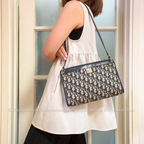 Vintage Dior Oblique Shoulder Bag - Navy
