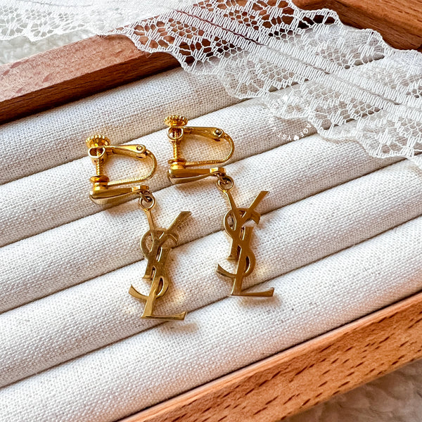 Vintage YSL Gold-Finish Metal Logo Ear Clips