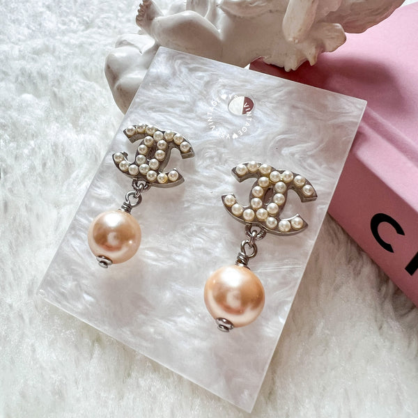 Vintage Chanel Coco Mark Pearl Silver-Finish Metal Earrings (code: 080903)