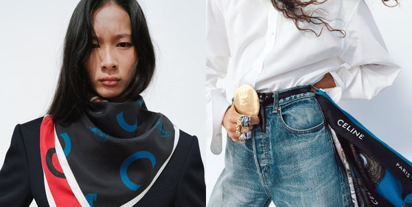 Vintage Chanel Coco & Class Flap Handbag Silk Scarf 90 - Navy