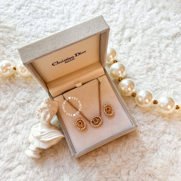 Vintage Dior Oval Gold-Finish Metal With White Crystal Necklace & Ear-clips Set