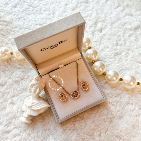 Vintage Dior Oval Gold-Finish Metal With White Crystal Necklace & Ear-clips Set