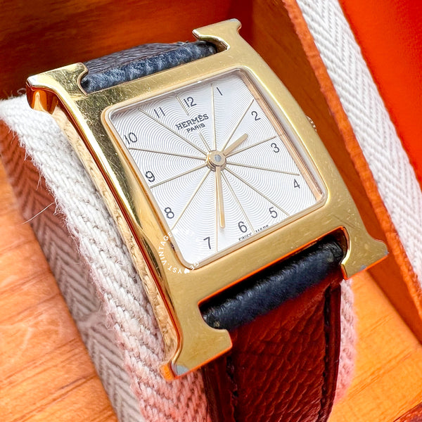 Vintage HERMÈS 1997 HEURE H21 WATCH with Black Epsom Leather Strap