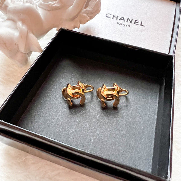 Vintage Chanel Gold Metal Coco Mark Ear Clips - S Size