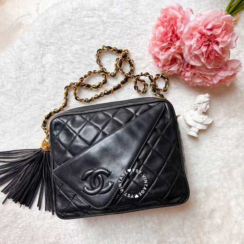 Vintage Chanel Square Camera Bag With Tassel - Black 003