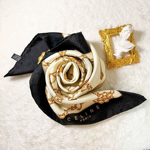 Vintage CELINE Silk Scarf With Original Box - Creamy White*Black