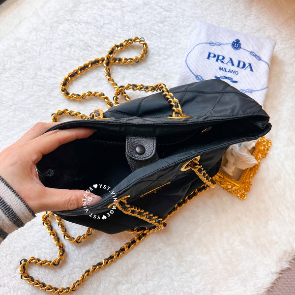 Vintage Prada Quilted Nylon & Saffiano Shoulder Bag - Black*Gold