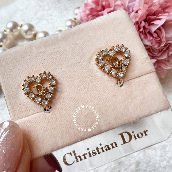 Vintage Dior Gold-Finish Metal with White Crystal Heart/ Oval Ear Clips