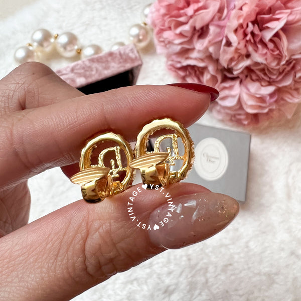 Vintage Dior Gold-Finish Metal with White Crystal Heart/ Oval Ear Clips