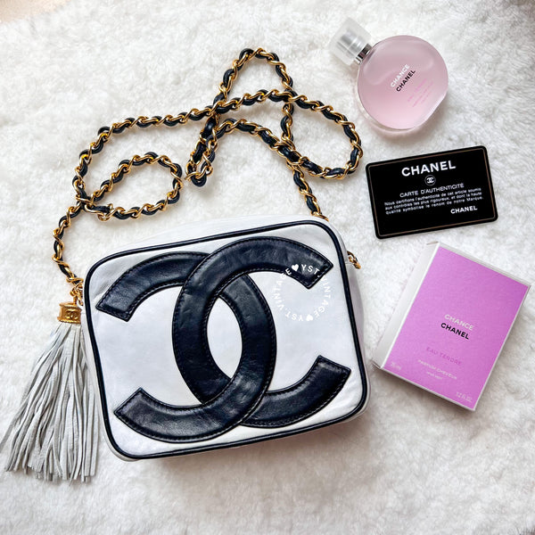 Vintage Chanel Coco Mark Camera Bag With Tassel - White x Navy 002