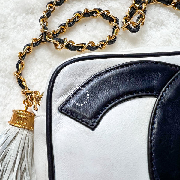 Vintage Chanel Coco Mark Camera Bag With Tassel - White x Navy 002