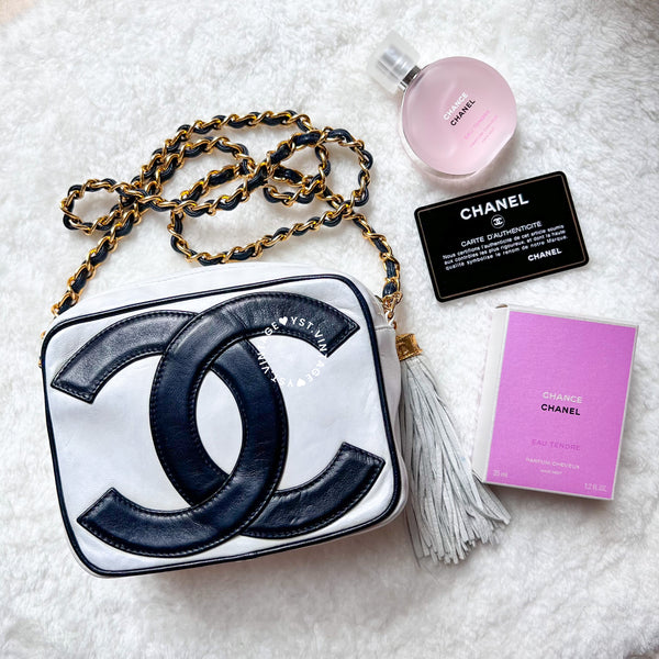 Vintage Chanel Coco Mark Camera Bag With Tassel - White x Navy 002