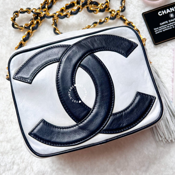 Vintage Chanel Coco Mark Camera Bag With Tassel - White x Navy 002