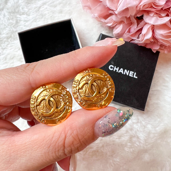 Vintage Chanel 24K GP Coco Mark Round Ear Clips