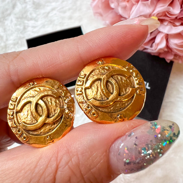 Vintage Chanel 24K GP Coco Mark Round Ear Clips