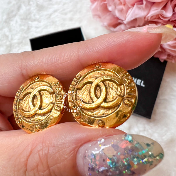 Vintage Chanel 24K GP Coco Mark Round Ear Clips