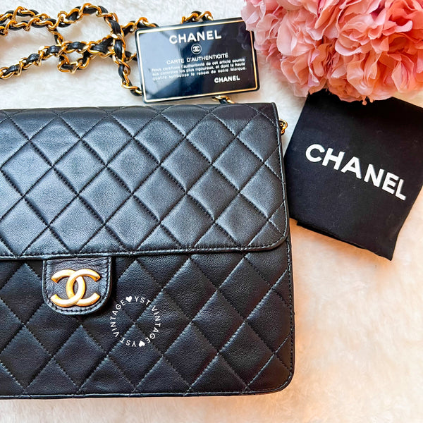 Vintage Chanel Push-Lock 25cm Square Flap Bag - Black x Gold