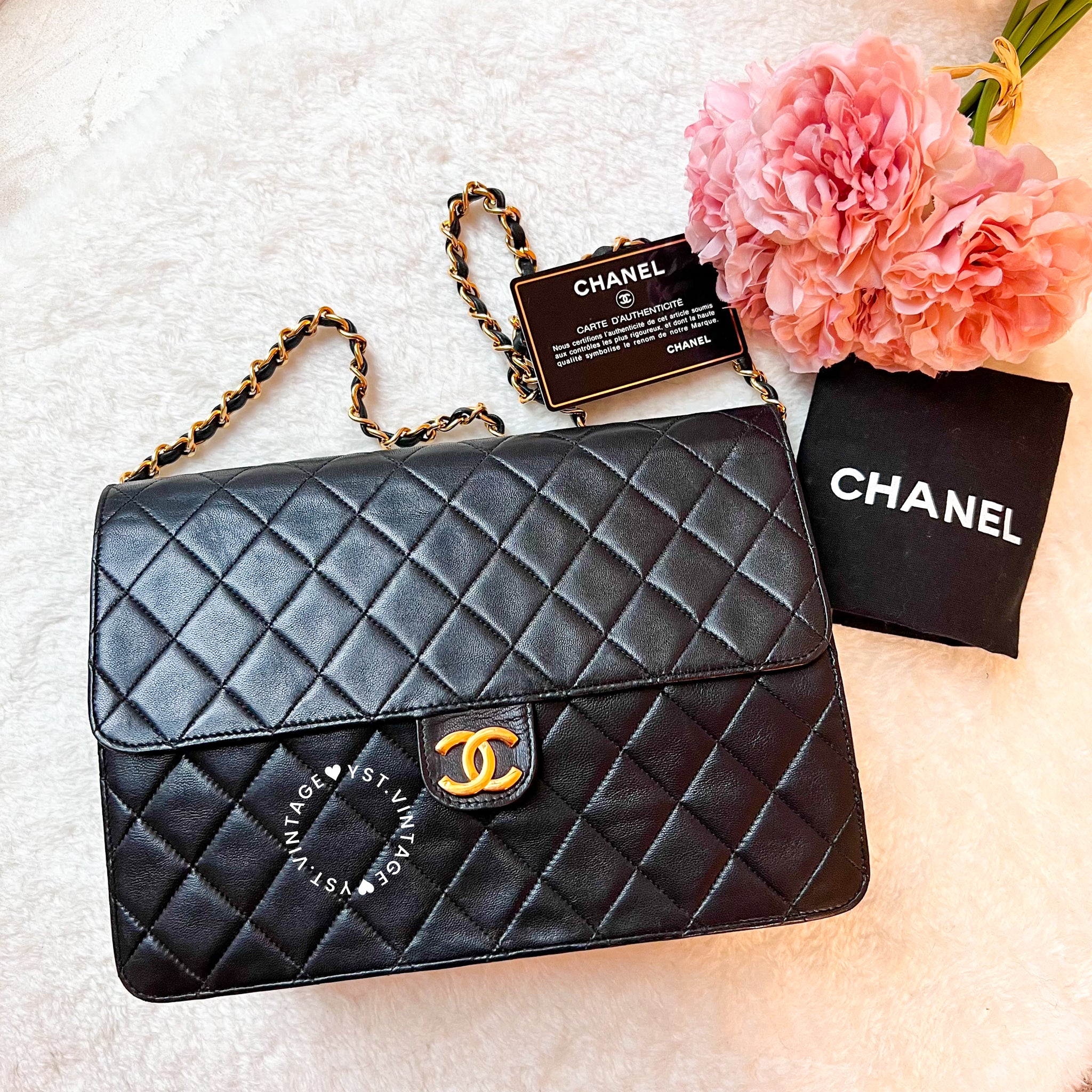 Vintage Chanel Push-Lock 25cm Square Flap Bag - Black x Gold