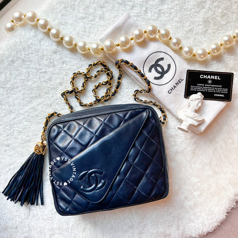 Vintage Chanel Square Camera Bag With Tassel - Navy 002